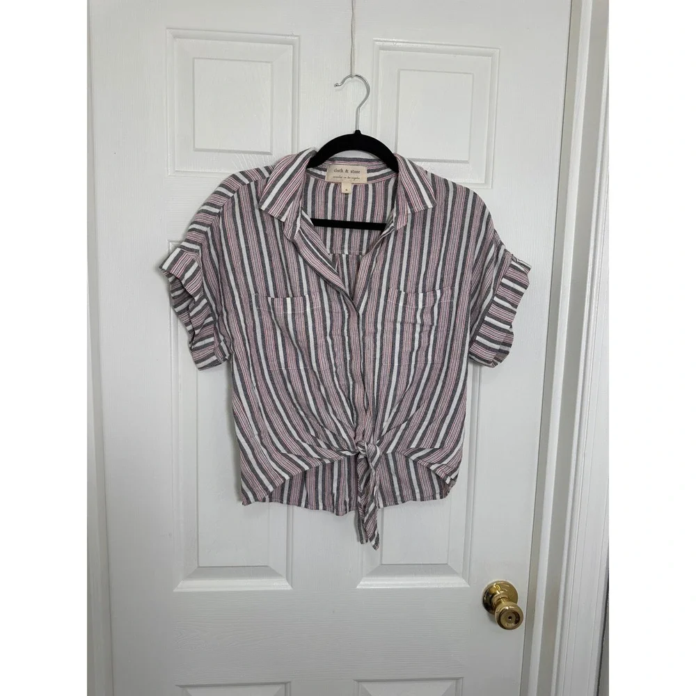 Cloth & Stone Striped Tie Front Linen Blend Button Down Shirt Navy Red White S - Picture 1 of 5